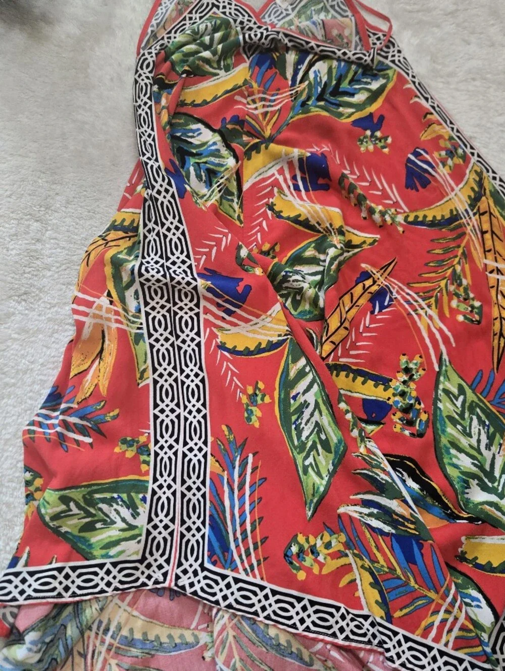 Jealous Tomato Coral Red Tropical Halter Handkerchief Hem Boho Midi Dress, XS
